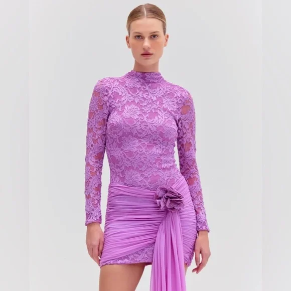 PatBo Lace Ruched Mini Dress | Purple | Party /Cocktail / Wedding Guest | Size 8 - Picture 3 of 5